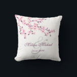 Cherry Blossom Pink White Newlyweds Throw Pillow<br><div class="desc">Pink cherry blossoms on a white background with the wedding couple´s names and the date to customize.</div>