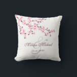 Cherry Blossom Pink White Newlyweds Throw Pillow<br><div class="desc">Pink cherry blossoms on a white background with the wedding couple´s names and the date to customize.</div>