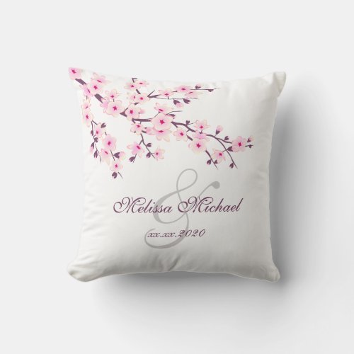 Cherry Blossom Pink White Newlyweds Throw Pillow