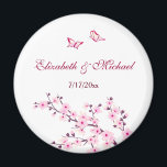 Cherry Blossom Pink White Save The Date Magnet<br><div class="desc">Pretty pink cherry blossoms and two cute butterflies on a white background. With custom bride and groom names and the wedding date. A lovely wedding gift.</div>