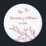 Cherry Blossom Pink White Save The Date Magnet<br><div class="desc">Pretty pink cherry blossoms and two cute butterflies on a white background. With custom bride and groom names and the wedding date. A lovely wedding gift.</div>