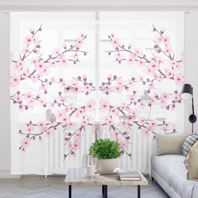 Cherry Blossom Pink White Sheer Curtains (Living Room)