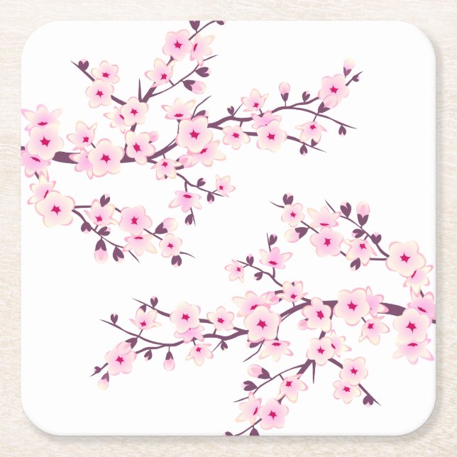 Cherry Blossom Pink White Square Paper Coaster (Front)