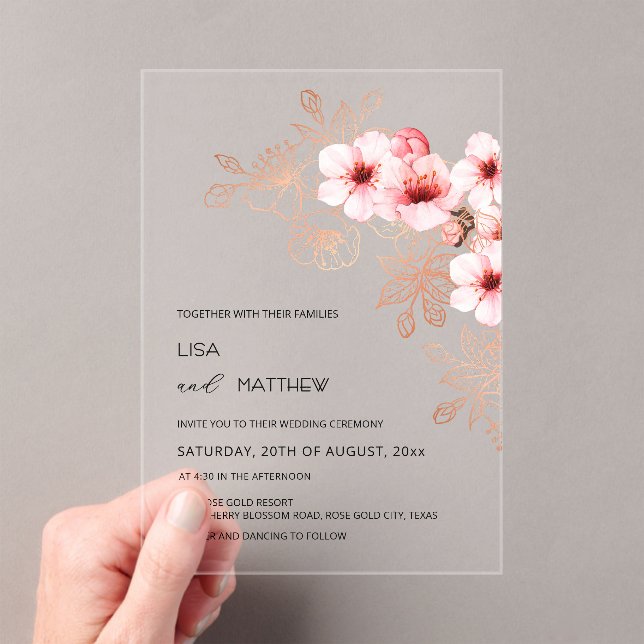 Cherry Blossom Pink White Wedding Acrylic Invitations (Insitu (Handheld))
