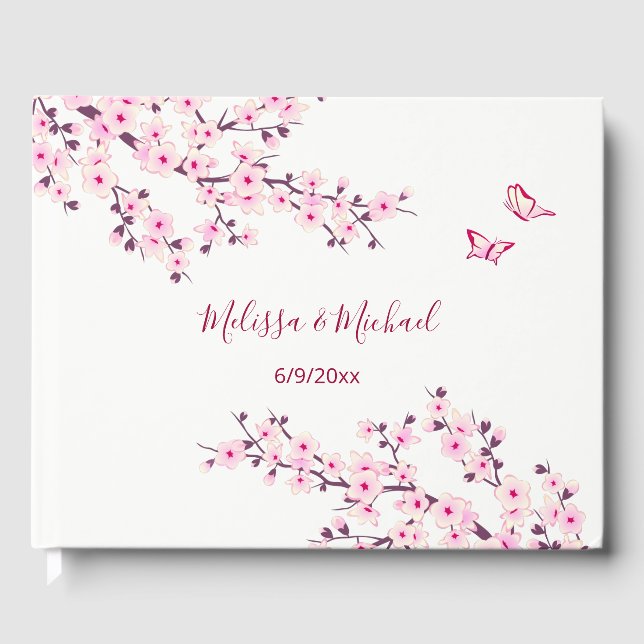 Cherry Blossom Pink White Wedding Guest Book (Front)