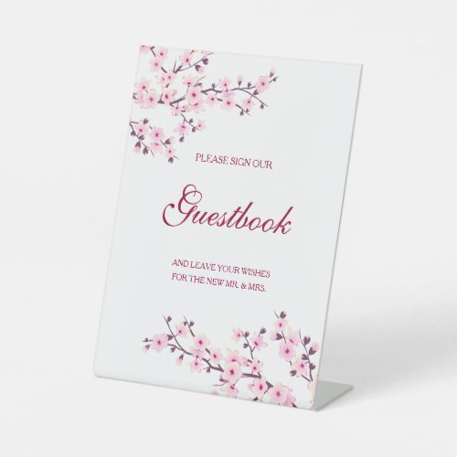 Cherry Blossom Pink White Wedding Guestbook  Pedestal Sign