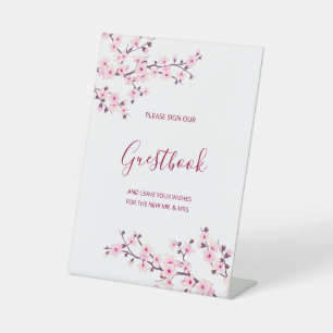 Cherry Blossom Pink White Wedding Guestbook  Pedestal Sign