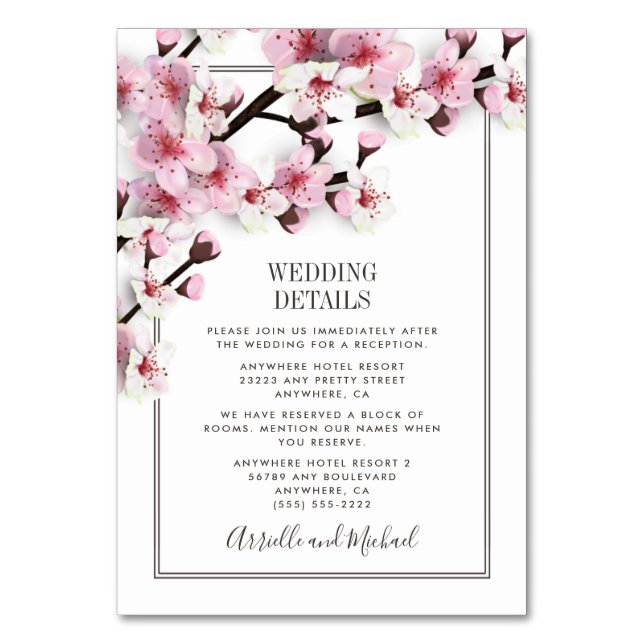 Cherry Blossom Pink White Wedding Insert Cards (Front)