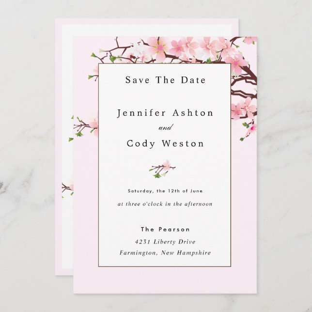 Cherry Blossom Pink White Wedding Invitation (Front/Back)