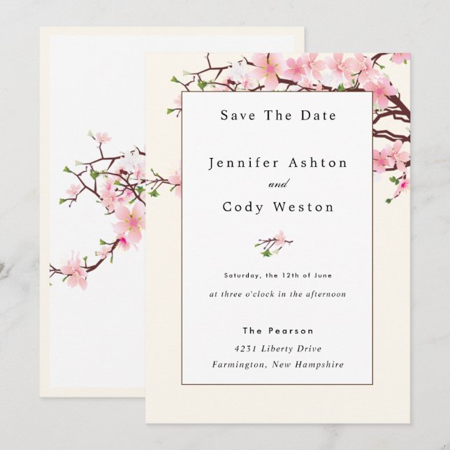 Cherry Blossom Pink White Wedding Invitation Beige (Front/Back)