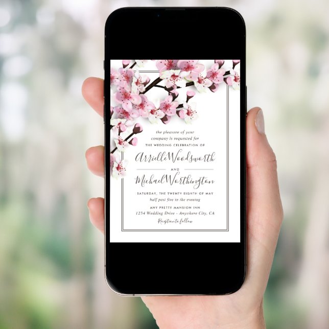 Cherry Blossom Pink White Wedding Invitations (Front Digital)