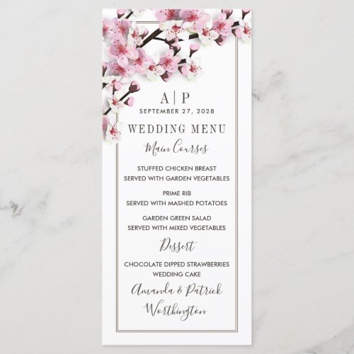 Cherry Blossom Pink White Wedding Menu Cards