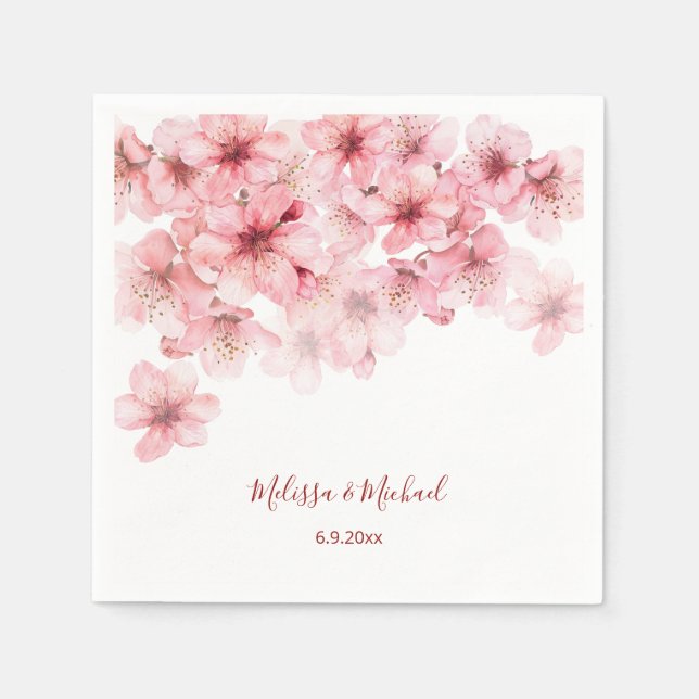 Cherry Blossom Pink White Wedding Napkins (Front)