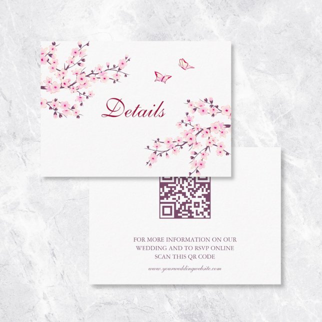 Cherry Blossom Pink White Wedding QR Code Details Enclosure Card (Creator Uploaded)