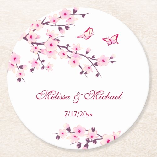 Cherry Blossom Pink White Wedding Round Paper Coaster