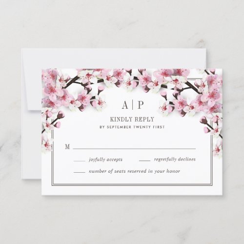 Cherry Blossom Pink White Wedding RSVP Cards