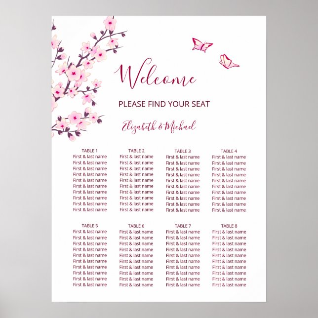 Cherry Blossom Pink White Wedding Seating Chart (Front)