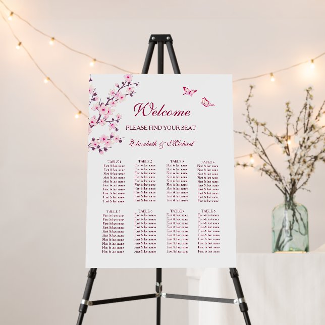 Cherry Blossom Pink White Wedding Seating Chart Foam Board (In Situ (Stand))