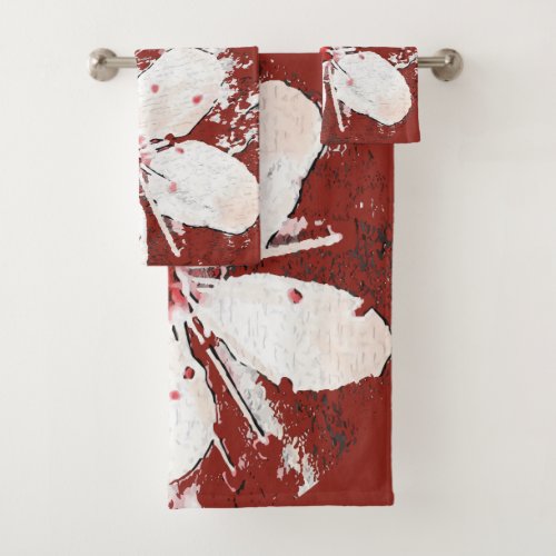 Cherry blossom poetry red white elegant sakura bath towel set