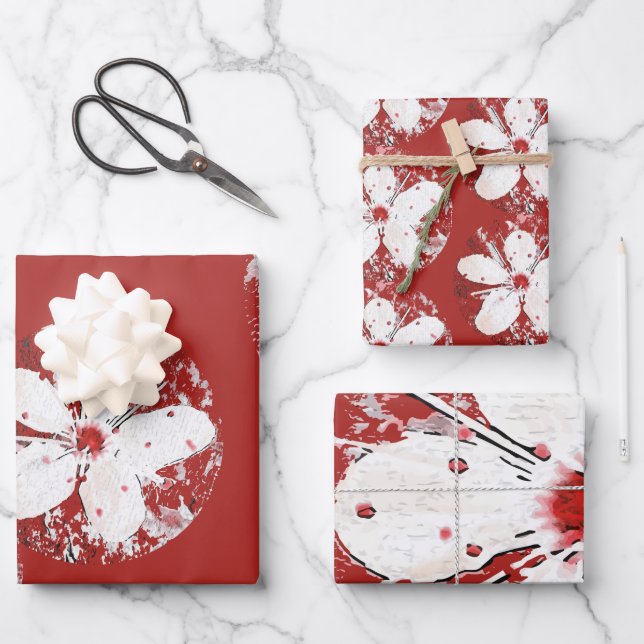 Cherry blossom poetry red white elegant sakura wrapping paper sheets (Front)