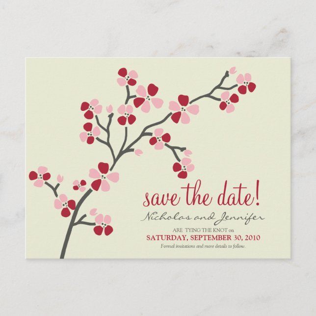 Cherry Blossom POSTCARD Save the Date (red) (Front)