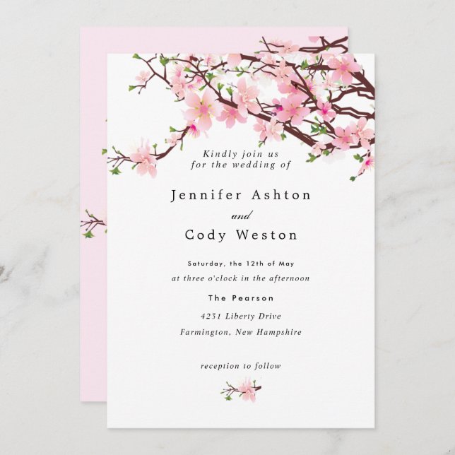 Cherry Blossom Pretty Pale Pink Wedding Invitation (Front/Back)