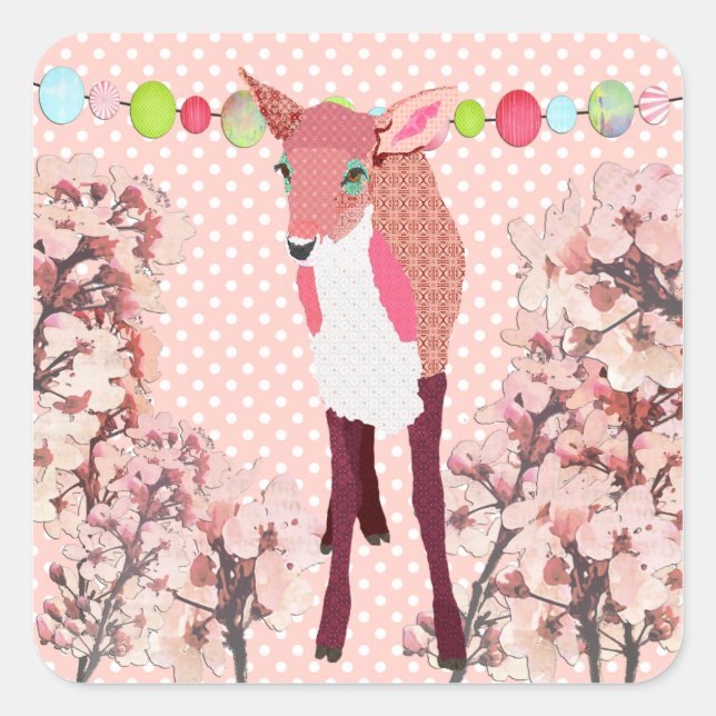 Cherry Blossom Pretty Pink Fawn Square Sticker (Front)
