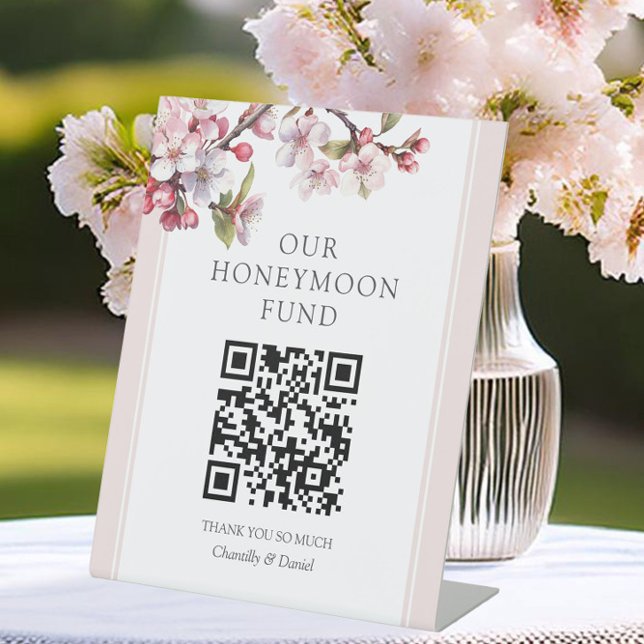 Cherry Blossom QR Code Honeymoon Fund Pedestal Sign (Honeymoon Fund Sign from the Cherry Blossom Wedding Collection by Darling & May)