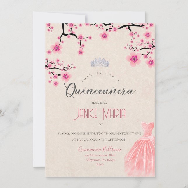 Cherry Blossom Quinceañera Invitation (Front)