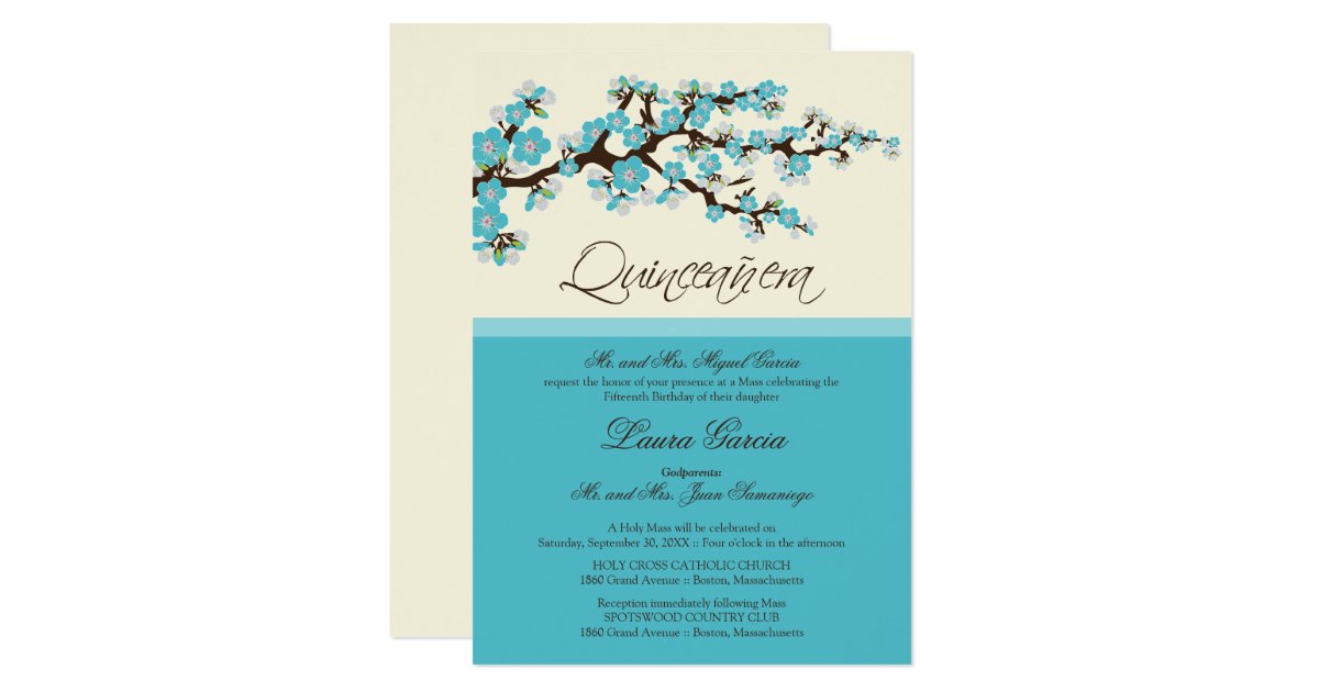 Cherry Blossom Quinceanera Invitation (aqua) | Zazzle