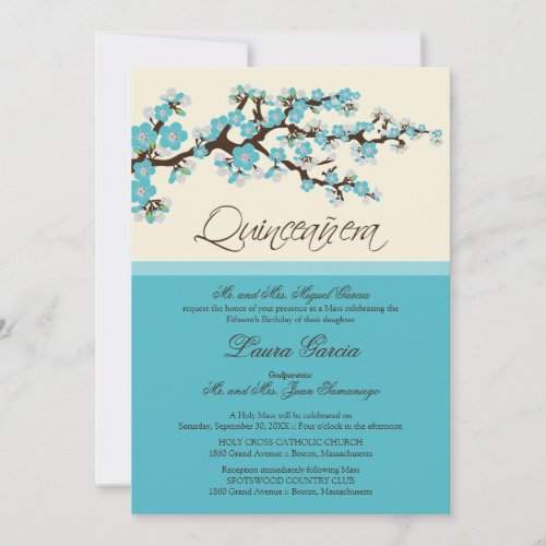 Cherry Blossom Quinceanera Invitation (aqua)