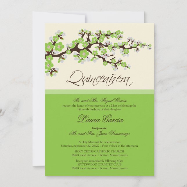 Cherry Blossom Quinceanera Invitation (green) (Front)