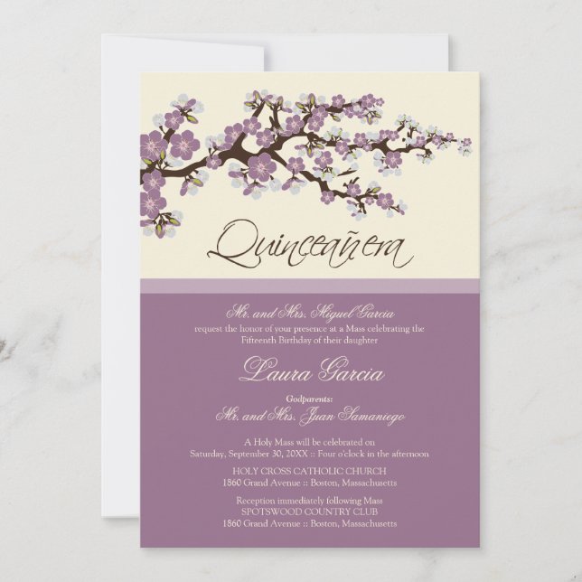 Cherry Blossom Quinceanera Invitation (purple) (Front)