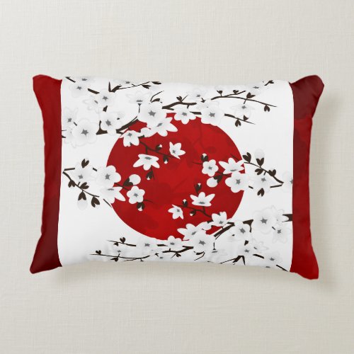 Cherry Blossom Red And White Rising Sun Floral Accent Pillow