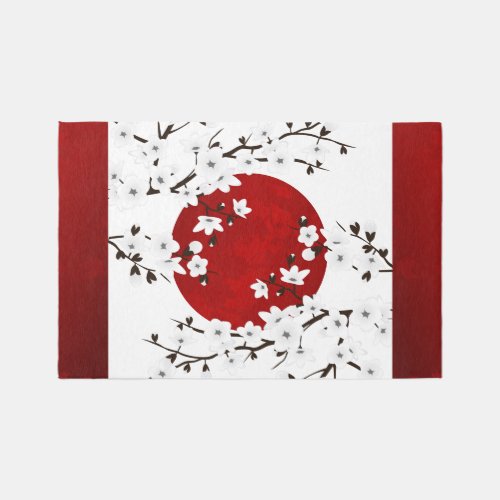 Cherry Blossom Red And White Rising Sun Floral  Rug