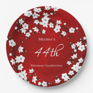 Cherry Blossom Red Black And White Birthday Paper Plates
