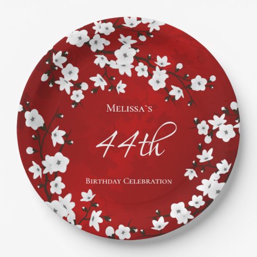 Cherry Blossom  Red Black And White Birthday  Paper Plates