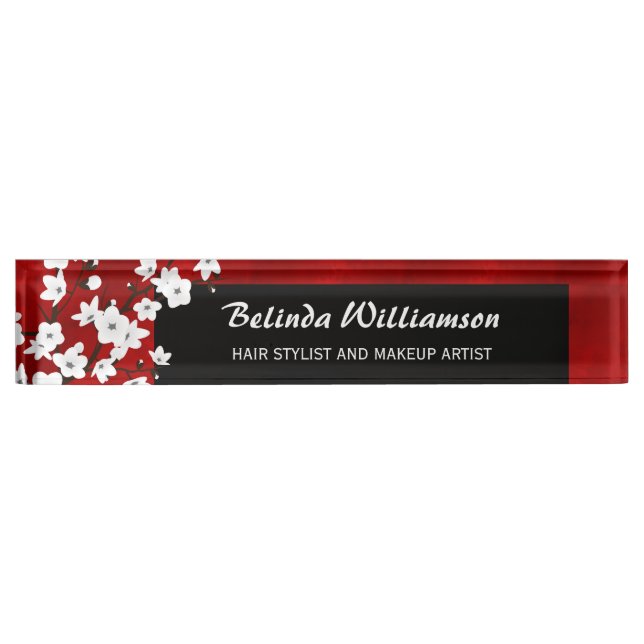Cherry Blossom Red Black And White Hair And Makeup Desk Name Plate (Front)