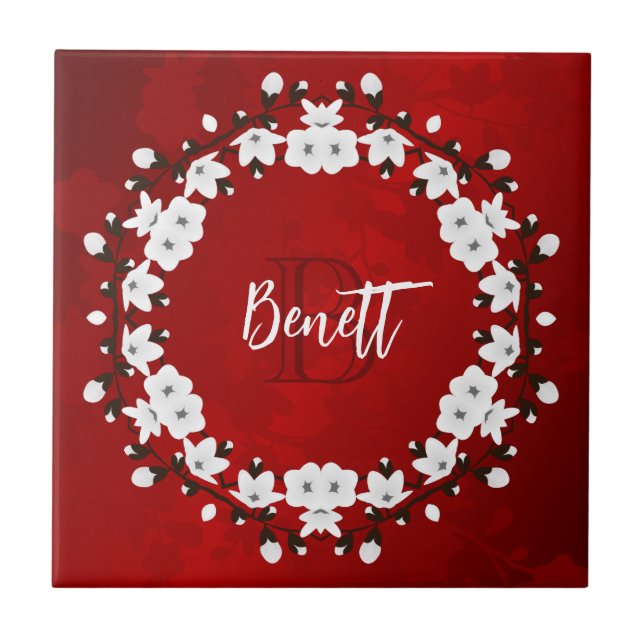 Cherry Blossom Red Black White Ceramic Tile (Front)