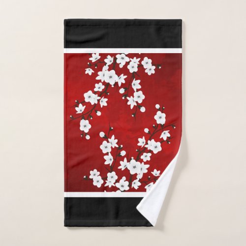Cherry Blossom Red Black White Floral Hand Towel
