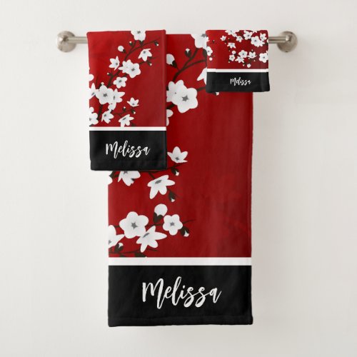 Cherry Blossom Red Black White Monogram Bath Towel Set