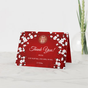 Cherry Blossom Red Chinese Wedding Photo Thank You Card