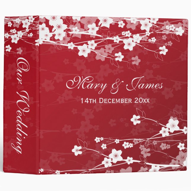 Cherry Blossom Red Elegant Wedding 3 Ring Binder (Front/Spine)