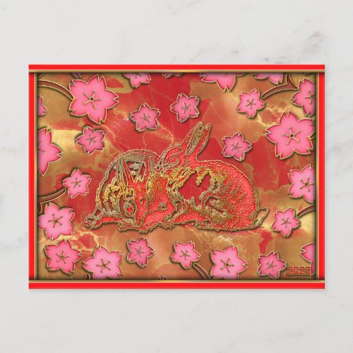 Cherry Blossom Red Gold Rabbit Chinese New Year Holiday Postcard