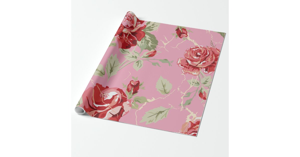 Cherry blossom red rose wrapping paper | Zazzle