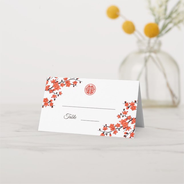 Cherry Blossom Red White | Chinese Wedding Place Card (Front)