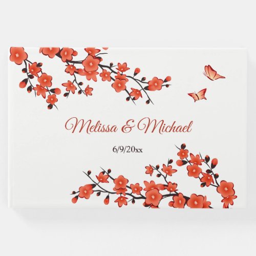 Cherry Blossom Red White Custom Wedding Guest Book