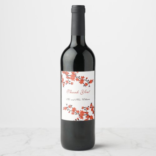 Cherry Blossom Red White Wedding Wine Label