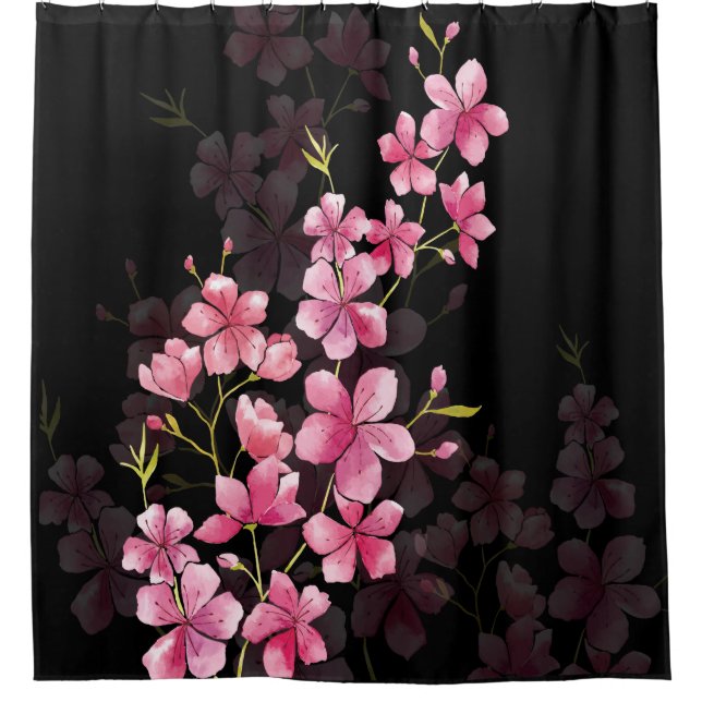 Cherry Blossom Reflections on Black Shower Curtain (Front)