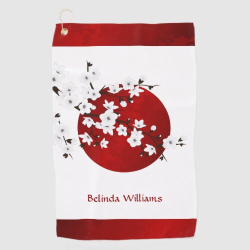 Cherry Blossom Rising Sun Red Black White Monogram Golf Towel